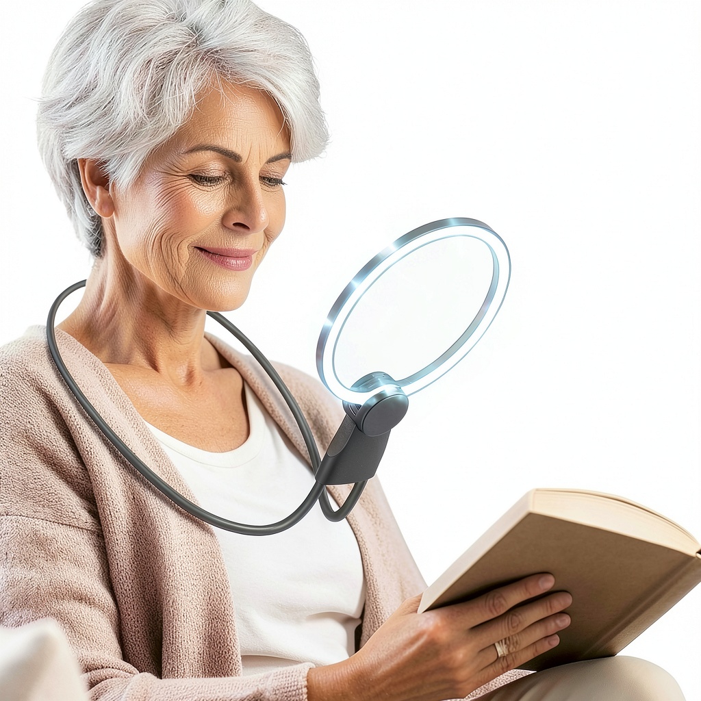 IMICHI LED Magnifier Handheld Black 5x AntiGlare being used on a wooden desk for reading a paperback