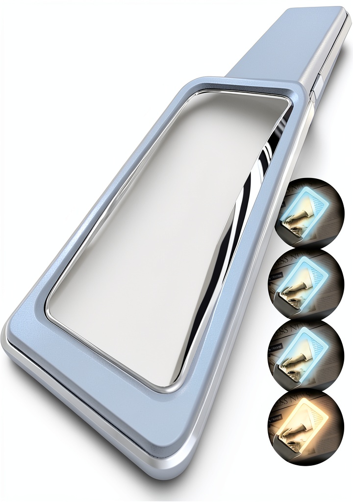 Using MagniPros LED Magnifier 6x handheld magnifying glass to read a newspaper on a kitchen table